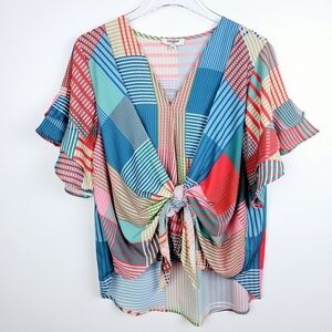 Umgee Boho Multicolored Patchwork Tie Front Ruffle Top